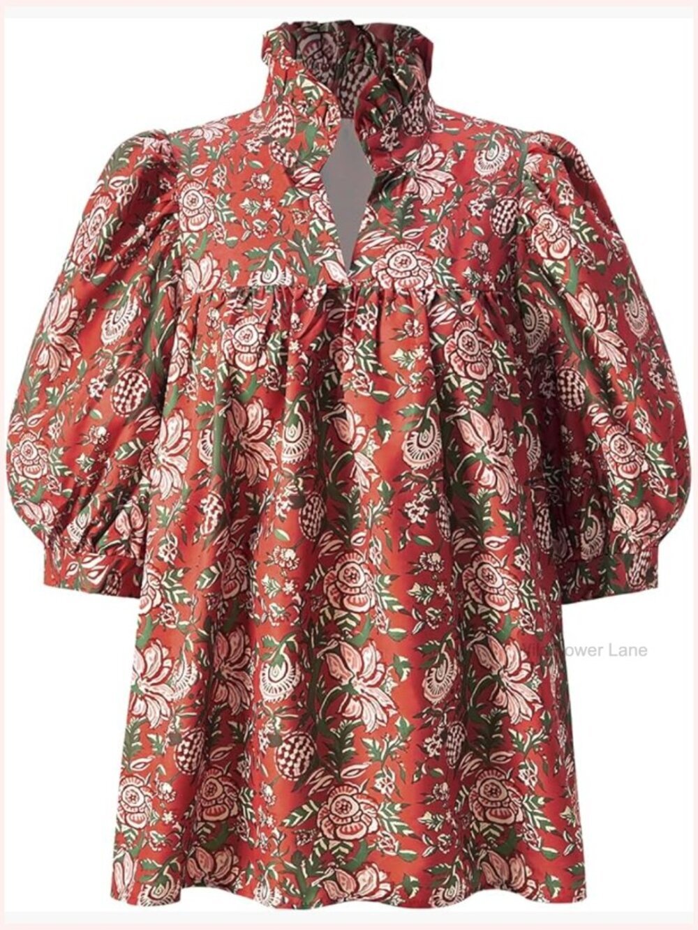 Boho Print Lantern Sleeve Blouse Stand Collar Loose Fit Tunic Top